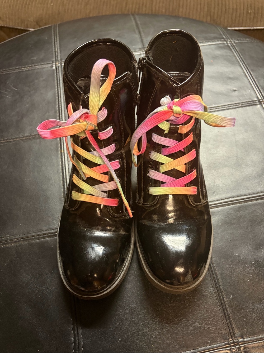 The Children's Place Black Patent Ankle Boots with Rainbow Laces